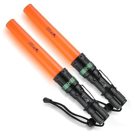 UltraFire 2 Pack 11-Inch Signal Traffic Wand Baton LED Flashlight 250 Lumen, Red Flashing Mode, Wrist Strap Lanyard, Side Clip, Orange Finish for Kids Outdoor Camping Safety