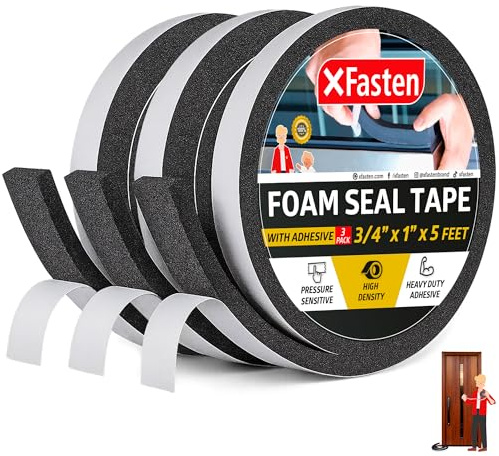 XFasten Black Foam Seal Tape with Adhesive, 3/4 Inches Thick 1-Inch X 5-Foot (3-Pack), High-Density Weather Strip Tape for Window, Door, Pipe and AC Insulation- Neoprene Insulation Foam Strip