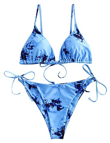 ZAFUL Gepolsterte Bikini Set, Tie-Dye-Druck Spitze Dreieck Cup Niedrigtaile gebundene Badeshorts (A-tie dye blau, M)