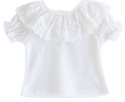 Bebé Niña 100% Algodón Blanco Camisetas de Manga Corta con Cuello con Volantes Cuello de Muñeca Bebé de Moda para el Verano Suaves Lindo - Liso Blanco Talla 12M