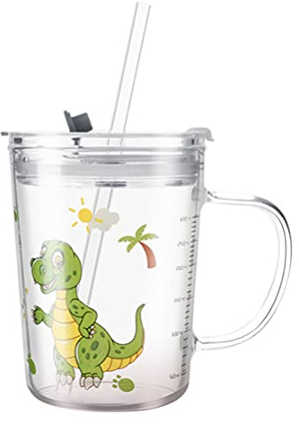 Toddmomy Glass Cup with Lid and Straw Handle Milk Tea Tumbler Scale Measuring Cup for Women Children 300ml