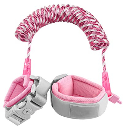 GERUI Guinzaglio di sicurezza per bambini, con chiavi, anti-smarrimento, cinghia da polso di sicurezza, rotazione a 360°, corda metallica elastica, traspirante in cotone (rosa)