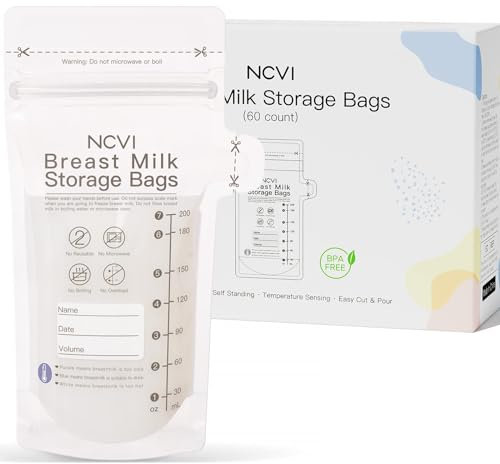 NCVI 60 Stück Muttermilchbeutel, 200ml BPA-frei Muttermilch Aufbewahrung bag, Milchbeutel für Muttermilch mit Ausgießer für das Stillen, Selbststehender, Doppelreißverschluss Auslaufsichere