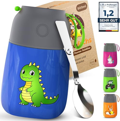 Thermobehälter für Kinder – 500ml, Blau Dino – 100% auslaufsicher - Warmhaltebehälter Edelstahl – Thermobecher – Thermo Lunchbox
