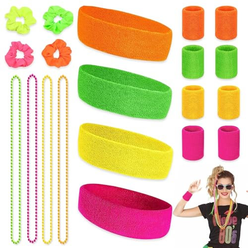 Udbrud Serre Poignet Fluo Annees 80, 20 Pièces Bandes de Transpiration Set Bandeau Sport pour Hommes et Femmes élastiques à Cheveux Colliers Fluo Rétro Accessoires Fête pour Carnaval