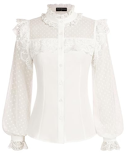 SCARLET DARKNESS Blusa victoriana para mujer, diseño de lunares suizos, manga larga, vintage, cuello alto, volantes, estilo gótico, blanco, L