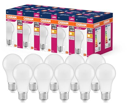 OSRAM LED Star Value Classic A60 LED Lampe für E27 Sockel, Birnenform, FR, 806 Lumen, warmweiß (2700K), Ersatz für herkömmliche 60W Glühbirnen, nicht dimmbar, 10er-Pack, White