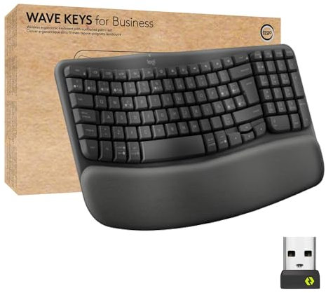 Logitech Wave Keys for Business, teclado ergonómico inalámbrico con reposamanos acolchado, tecnología Logi Bolt segura, Bluetooth, compatible, Windows/Mac/Chrome/Linux, Disposición QWERTY ESP, Grafito
