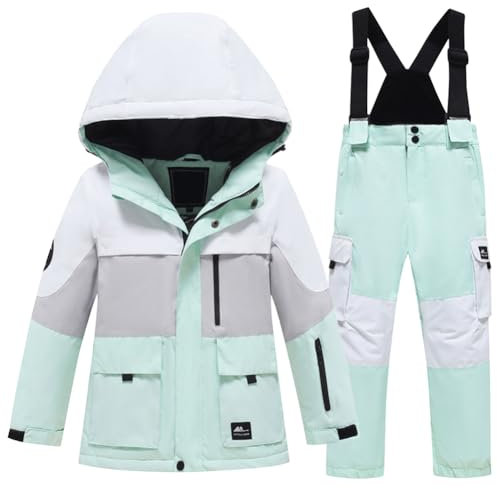 YFPICO Kinder Skijacke Mädchen Jungen 2 Teilig Skijacke Skihose Mit Kapuze Funktionsanzug,Skianzug Kinder Verdickte Drucke Fleecegefüttert Winddicht Wasserdicht Skianzüge Schneeanzug