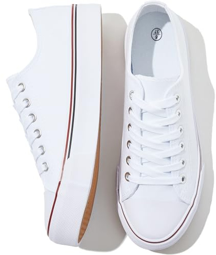 FRACORA Womens White Black Canvas Sneakers Low Top Canvas Shoes for Women Tennis Shoes(White,US8.5)