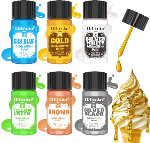 Edible Glitter Paint - ERCorArt 6 Colours of Shimmering Metallic Edible Paints, Food Grade Edible Gold Paint for Cakes, Drinks, Cupcakes, Donuts, Macarons, Cookies, and Dessert Decorations - 12 g