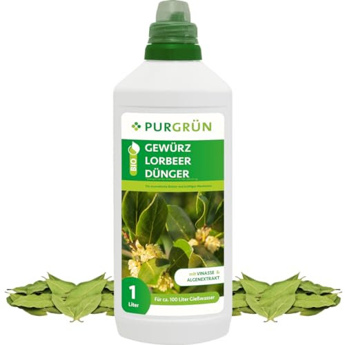 Purgrün® Bio-Gewürzlorbeer-Dünger 1 Liter – Organische Rezeptur – Premium-Flüssigdünger – NPK 4+1+7 – Mit Algenextrakt & Vinasse – Extra Kalium für aromatische Blätter