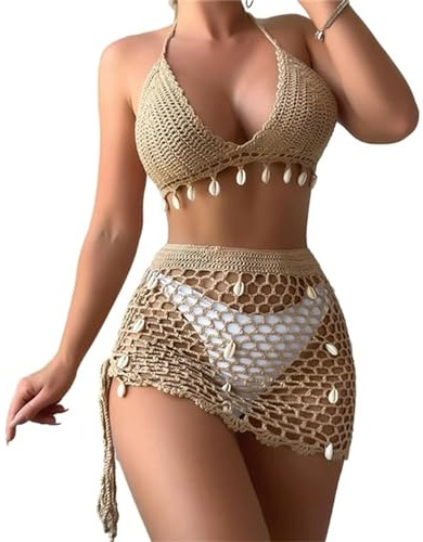 Fydranix Costume da Bagno all'Uncinetto da Donna 2 Pezzi, Conchiglie, Top Bikini all'Americana e Gonna da Spiaggia con Gonna a Vita Alta scavata