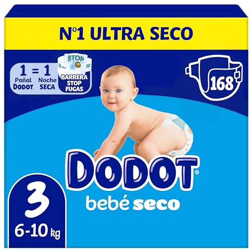 Dodot Pañales Bebé-Seco, Talla 3 (6-10 kg), 168 Pañales, Una Noche Hasta Un 100% Libre De Fugas, (2 paquetes de 84 pañales)