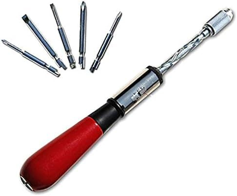 5-i-1 spiralskruvmejsel, handpressningsspärr skruvmejsel och bits kit med 5 utbytbara huvuden, justering push-pull spärrskruvmejsel med slitsade och Phillips bits