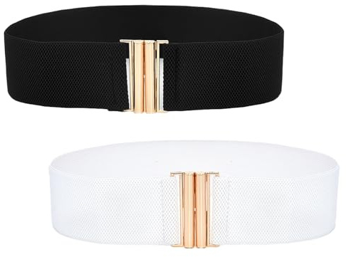 2Pièces Ceintures Larges pour Femme,Ceinture Extensible,Large Taille Ceinture Tondeuse,Ceintures Large Rétro Ajustable à la Mode,Ceintur Femme avec Boucle,Convient aux Femmes Jeunes Filles,Noir,Blanc