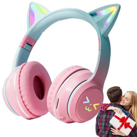 Auriculares inalámbricos para gamer con orejas de gato, auriculares inalámbricos plegables sobre la oreja, auriculares inalámbricos con luz LED con micrófono para viajes de negocios, hogar, viajes