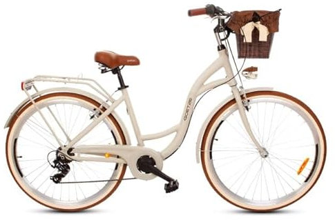 Goetze Mood 28 Zoll Damen Citybike, 18 Zoll Tiefeinsteiger Aluminiumrahmen, 7-Gang Kettenschaltung, doppelte V-Bremsen, LED-Beleuchtung, Rattankorb, Komfortsattel, mit Seitenständer & Klingel