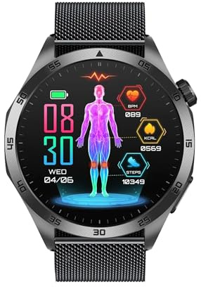 Knauermann PRO 3 Fan Edition rund (2025) Schwarz, Gesundheitsuhr Smartwatch mit Telefoniefunktion, EKG Plus HRV und SOS Funktion, BT Bluetooth, Schlafapnoe, Milanaise Schwarz, 14-24