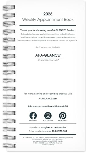 AT-A-GLANCE 2026 Weekly Appointment Book Planner Refill for 70-008, 3-1/4 x 6-1/4, Pocket Size (709041026)