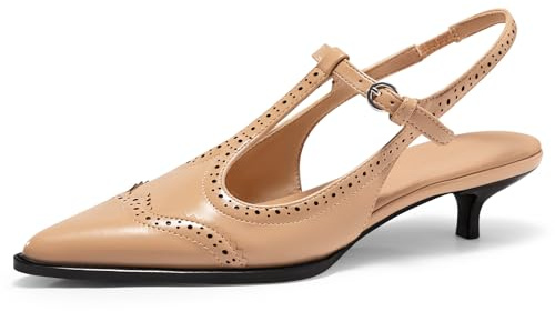 Coutgo Womens Slingback Kitten Heels Oxford T Strap Pumps Low Heel Closed Pointed Toe Vintage Dress Shoes, Khaki, 7 UK
