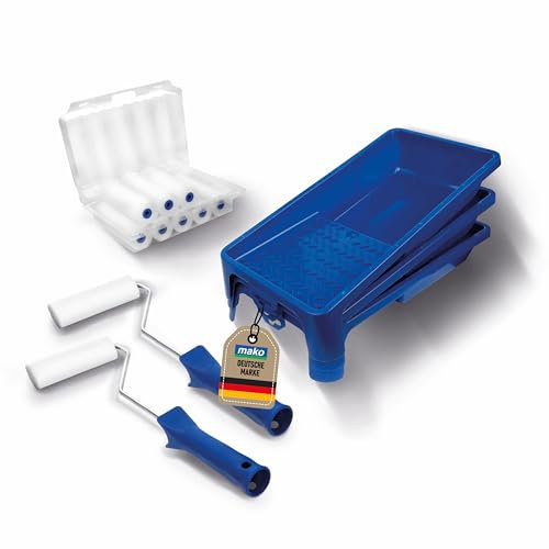 mako PROFI Lackierset 15-teilig - inkl. 3x Lackierwannen 15 x 30 cm, 10x Schaum-Lackierwalzen gerade 11 cm, 2x ergonomischer Farbroller-Bügel, für alle Lacke und Kreidefarben