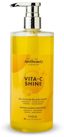 Vita C Shine Gel douche éclaircissant 620 ml – Extra puissant avec vitamine C, niacinamide, acide kojique et acide hyaluronique – Hydratant et équilibrant le teint