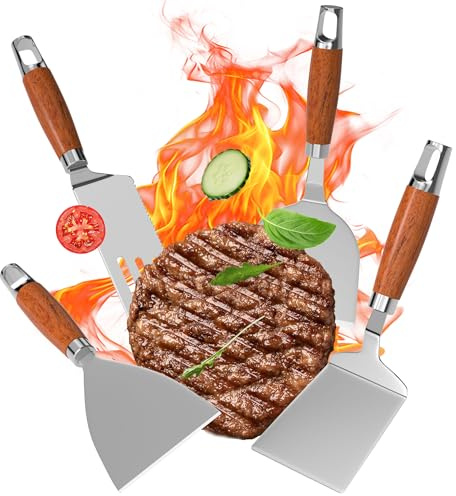 Gimars Set di 4 Spatole Professionali per Barbecue,Palette e Raschietto in Acciaio Inossidabile per Piastra Plancha,Accessori Teppanyaki Smash Burger Kit,Utensili per Griglia Barbecue Pizza