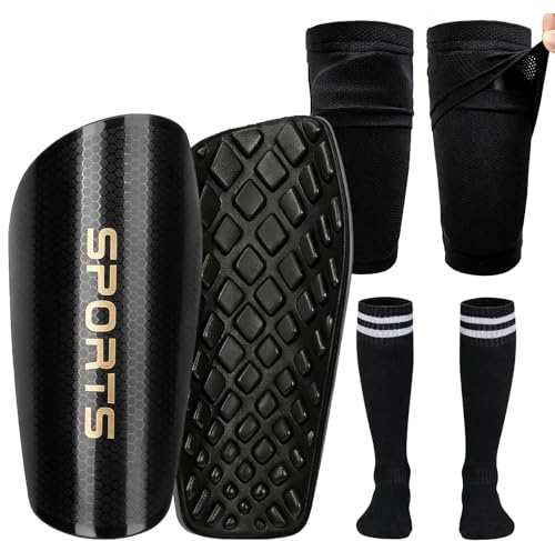 Soccer Shin Guards for Kids Youth, Toddler Shin Pads with Sleeves and Long Soccer Socks for Age 2-12 Boys & Girls Toddler Children Teenagers, Protective Lightweight Soccer Equipment (Black-M)
