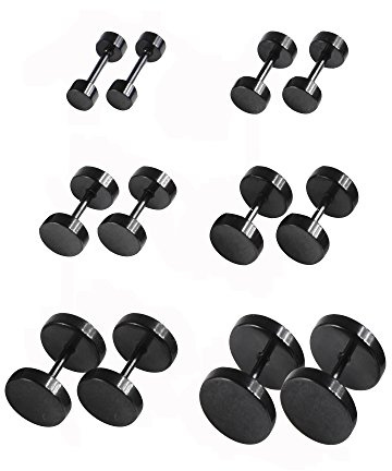 6 Pairs Black Earrings Studs Stainless Steel Ears Plugs Screw Studs Earrings Set for Men and Women Accessories, 18 Gauge