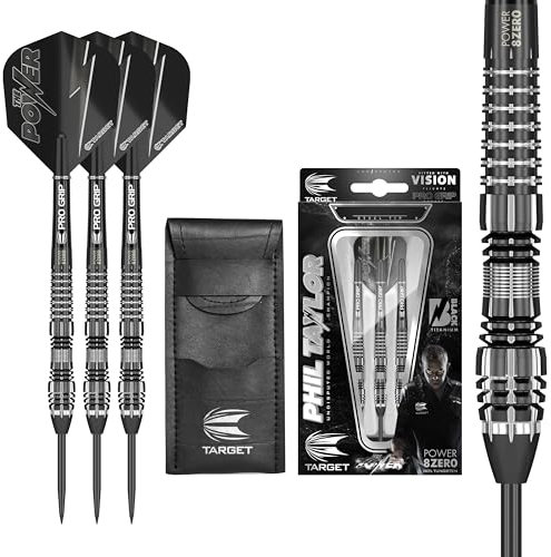 Target Darts Phil Taylor Power 8-Zero 4 Schwarze Steeldart-Darts, Dart-Set aus 80% Tungsten, P8Z4, 23G | Darts in Spielerausführung mit festen Spitzen | Inklusive schwarzem Dart-Etui