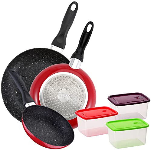 San Ignacio PK4834 PACK DE 3 SARTENES 16CM 20CM 24CM + SET DE 3PC HERMÉTICOS PLASTICOS, Verde/Rojo/Violeta