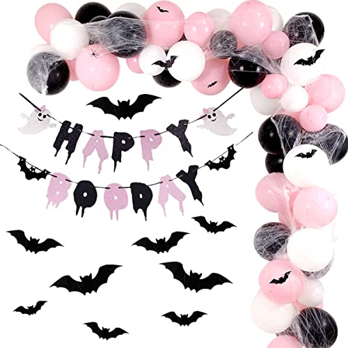 Pink Halloween Party Decorations With Happy Boo Day Banner, Spider Web, Bat Wall Decor, Pink and Black Balloons for Birthday and Baby Shower