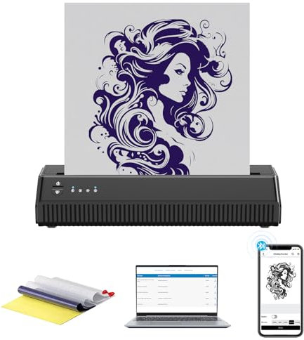 MOKOHOA Termocopiadora Tattoo Impresora Tatuajes Portatil Máquina de Transferencia de Tatuajes 2500mAh Impresora Tattoo con 10 Papel para Transferencia de Tatuajes compatible con Android y Ios
