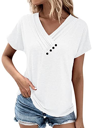 TIMEMEAN Top Femme,T-Shirt D'Été pour Femmes Tunique à Manches Courtes avec Col en V Et Boutons Chemisier De Base Habillé Et Décontracté De Couleur Unie