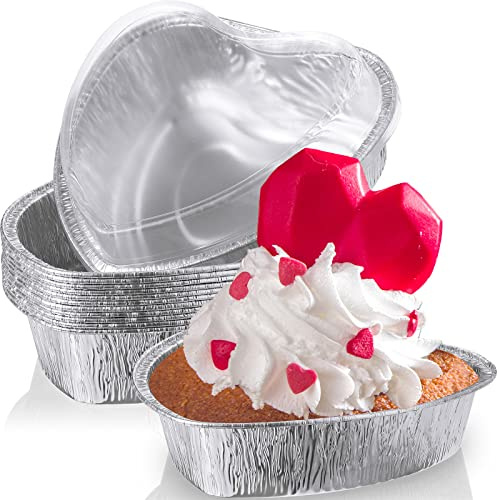 Hushee 12 Pcs 27 oz Valentine's Day Heart Shaped Cake Pan with Lid 7.4 Inch Aluminum Foil Disposable Cupcake Baking Pan Heart Food Packing Muffin Tin Liner Pudding Cooking Cup for Mother's Day