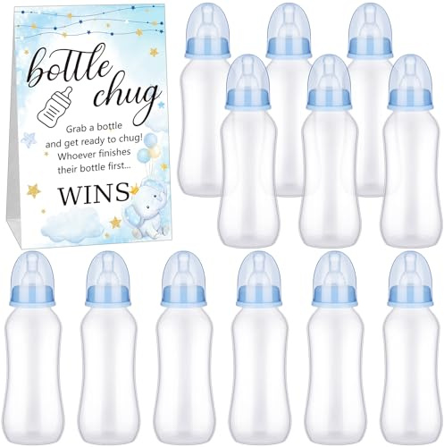 TrelaCo Cool Baby Shower Games Sets 12 Pcs Bottles with 1 Bottle Chug Sign for Gender Reveal Baby Shower Party Favors Decoration Games(Elephant,Blue)