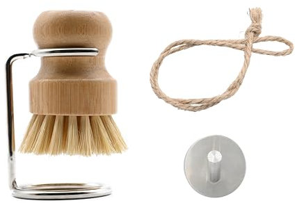 Cepillo de bambú para fregar platos con soporte para cepillo y gancho adhesivo, juego de cepillos para limpiar platos, fregadero, verduras, frutas, sartenes de hierro fundido (gancho para soporte de