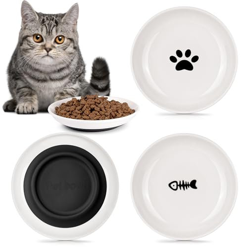 Zeawavsl Keramik Katzennapf 3er Set, Rutschfester Gummiboden Futternapf für Katzen, Flacher Keramik Napf, Robuster Katzenteller, Katzennäpfe für Futter und Wasser, Ideal für Katzen-Liebhaber