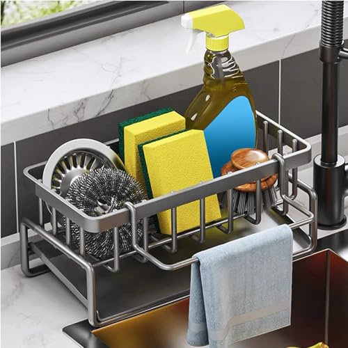 CYZBL Multifunctional Kitchen Sink Storage Organiser, Black Stainless Steel Sponge Holder, Countertop Cleaning Rack with Removable Dish Cloth Hanger, Washing up Caddy for Kitchen Bathroom (Grey)
