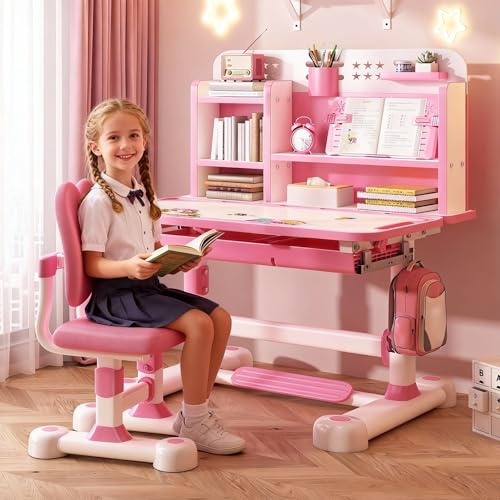 cukoekim Juego de escritorio y silla ajustable para niños, rosa, estilo moderno y juguetón, 117 cm x 110 cm x 50 cm, para escritura y estudio