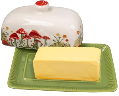 Beurrier en céramique avec couvercle et plateau, design champignon, beurrier pour cuisine et table, jolie boîte de rangement pour beurre, cadeau décoratif, vert, 19 x 8 cm