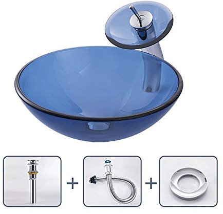WOTZOV Grifo Mezclador Elegante para Lavabo de tocador sobre encimera de Vidrio Templado de 42 cm de diámetro, Lavabo Redondo, Lavabo artístico Combinado con Grifo Cascada
