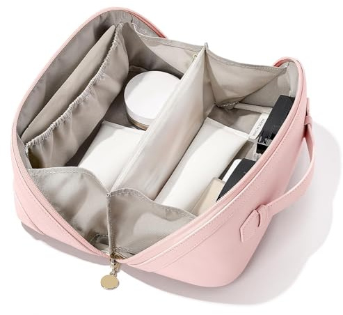 mibasies Flat Lay Open Travel Makeup Bag, Dual-Zipper Diagonal Cosmetic Bag, Large Capacity Waterproof Toiletry Bag for Women