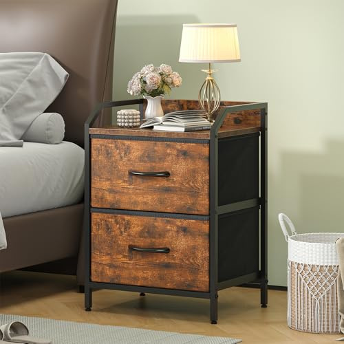 Feonase Bedside Table, Bedroom Bedside Cabinet with 2 Fabric Drawers, Nightstand Side Table for Bedrooms, Living Rooms(Rustic Brown)