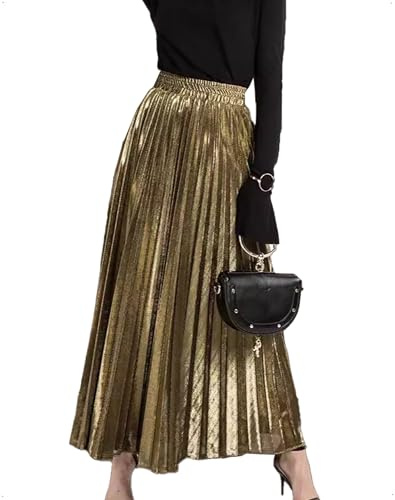 EMOTTOS Autunno Inverno Gonna Lunga Donna alla Vita Plissettata Metallizzata, Gonna Maxi con Vita Alta Elastica, Modello A-Line Elegante Brillante per Ufficio, Matrimonio e Festa, Oro, Taglia Unica