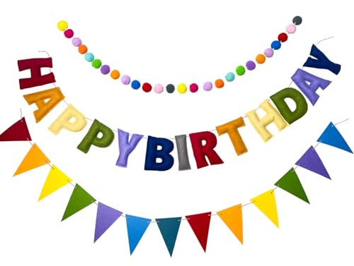 Reusable Felt Happy Birthday Banner - Felts Fabric Banner Felt Ball Garland - Happy Birthday Garland, Handmade Letters & Balls Personalized Party Sign for Birthdays Party Decorations (Grey I)