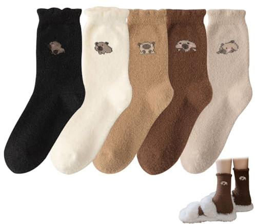 FOSDICK 5 par Capybara damstrumpor, söta damstrumpor, Capybara plyschstrumpor för kvinnor, vintervarma strumpor, mjuka fleecestrumpor, damstrumpor för flickor, 36–40
