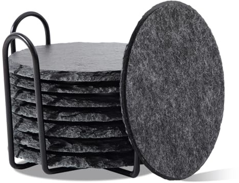 Posavasos de pizarra con soporte para vasos, juego de 8 unidades, 10 cm, posavasos redondos de fieltro en gris oscuro, posavasos de cristal, posavasos de mesa y posavasos para bar, tazas