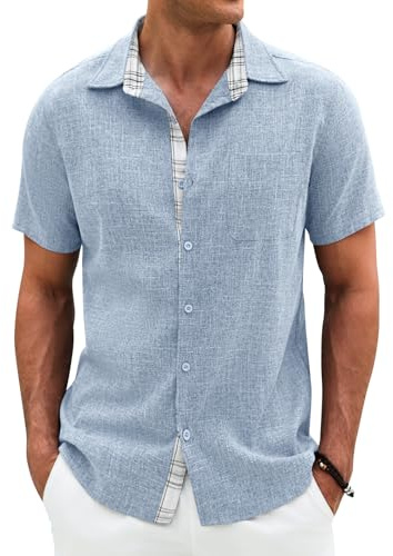 Lonya Chemise Homme Manches Courtes Ete Confortable Décontractées Plage Chemisette Coupe régulière pour Bureau, Vacances et Quotidien Bleu Gris,L